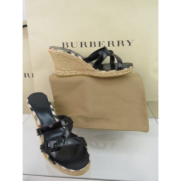 BURBERRY BLACK PATENT LEATHER CHECK LOGO SLIDE JUTE ESPADRILLE SANDALS 40 10 - Picture 6 of 14
